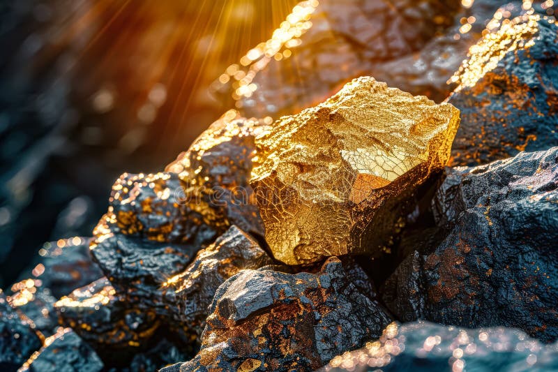 gold rock sitting top pile rocks gold rock sitting top pile rocks gold rock shiny stands 344545037